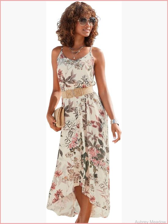 Dresses & Skirts - Women's Floral High Low Midi Dress Sleeveless V-Neck Elastic Waist